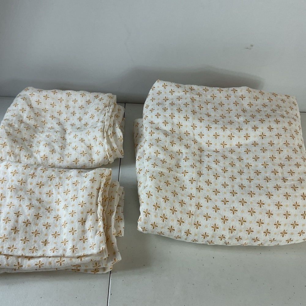 Garnet Hill Ivory mustard Linen Queen Flat Sheet And 2 Standard Pillow Cases
